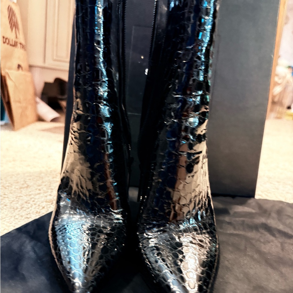 Saint Laurent Glossy Black Croc Heeled Boots - Picture 3 of 5